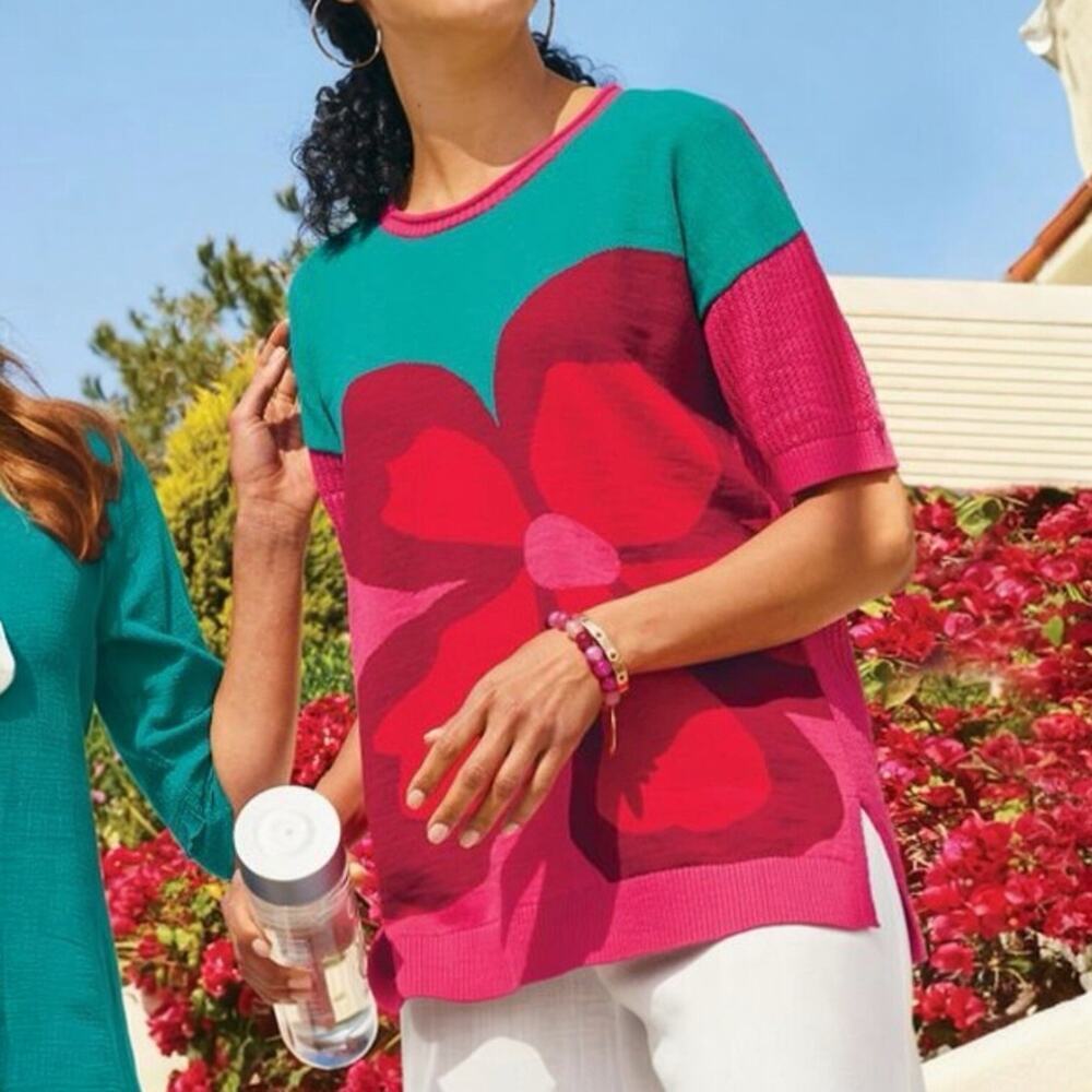 Soft Surroundings Women’s Biosphere Tee Sweater In Azalea Multi Size Medium EUC